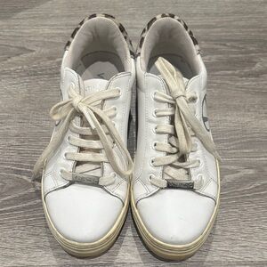 Valentino White Leather Low-Top Sneakers with Leopard Heel Trim